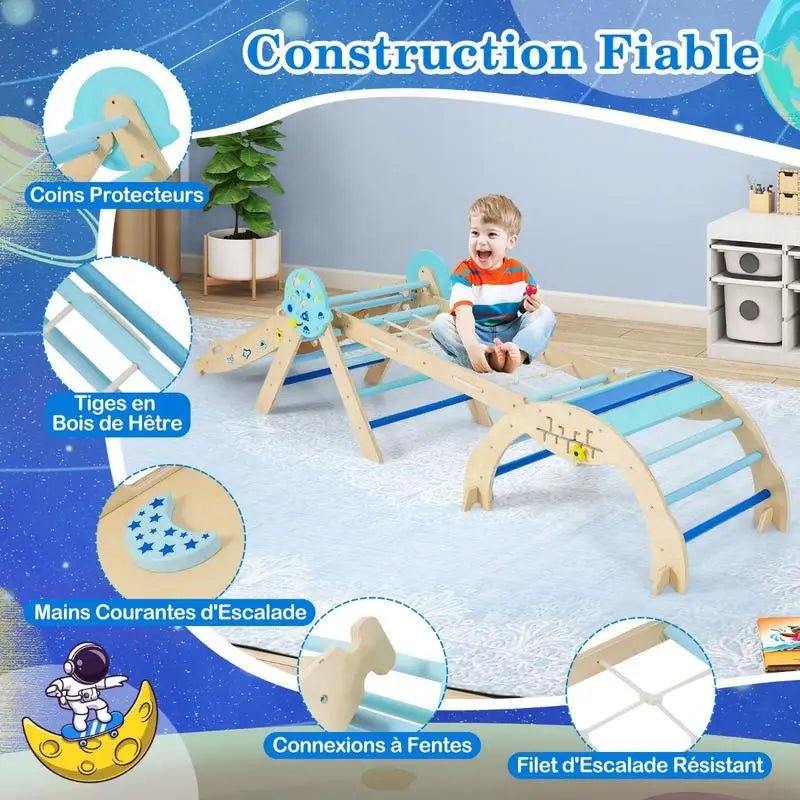 8-in-1 Folding Baby Climbing Frame, Wooden Montessori Astronaut-Themed Climbing Kit, Jungle Gym, Blue - jouetsbebe.com