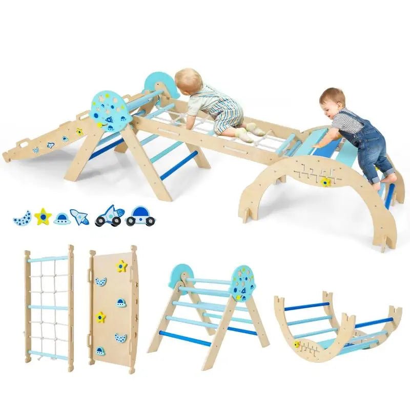 8-in-1 Folding Baby Climbing Frame, Wooden Montessori Astronaut-Themed Climbing Kit, Jungle Gym, Blue - jouetsbebe.com