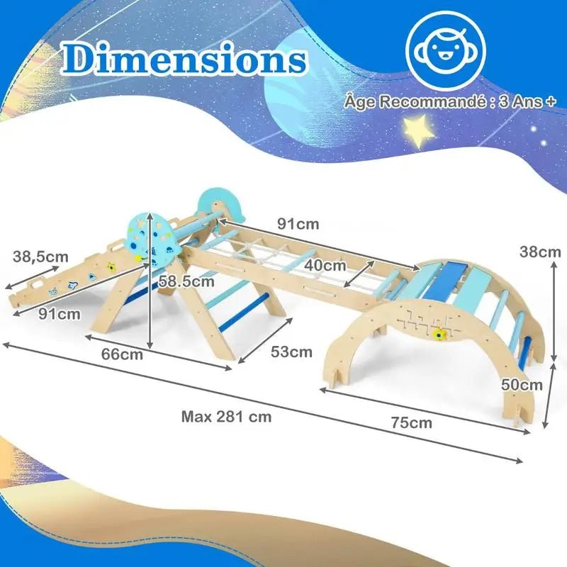 8-in-1 Folding Baby Climbing Frame, Wooden Montessori Astronaut-Themed Climbing Kit, Jungle Gym, Blue - jouetsbebe.com