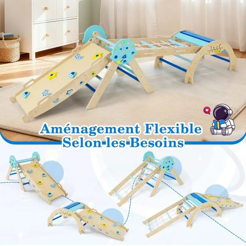 8-in-1 Folding Baby Climbing Frame, Wooden Montessori Astronaut-Themed Climbing Kit, Jungle Gym, Blue - jouetsbebe.com