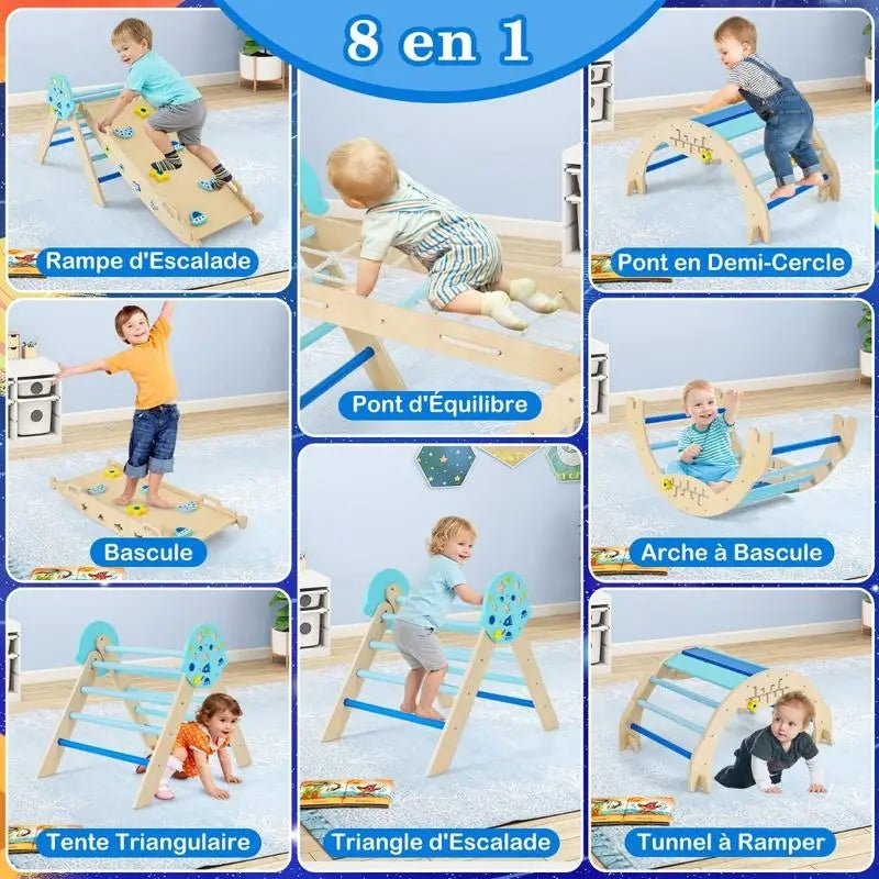 8-in-1 Folding Baby Climbing Frame, Wooden Montessori Astronaut-Themed Climbing Kit, Jungle Gym, Blue - jouetsbebe.com