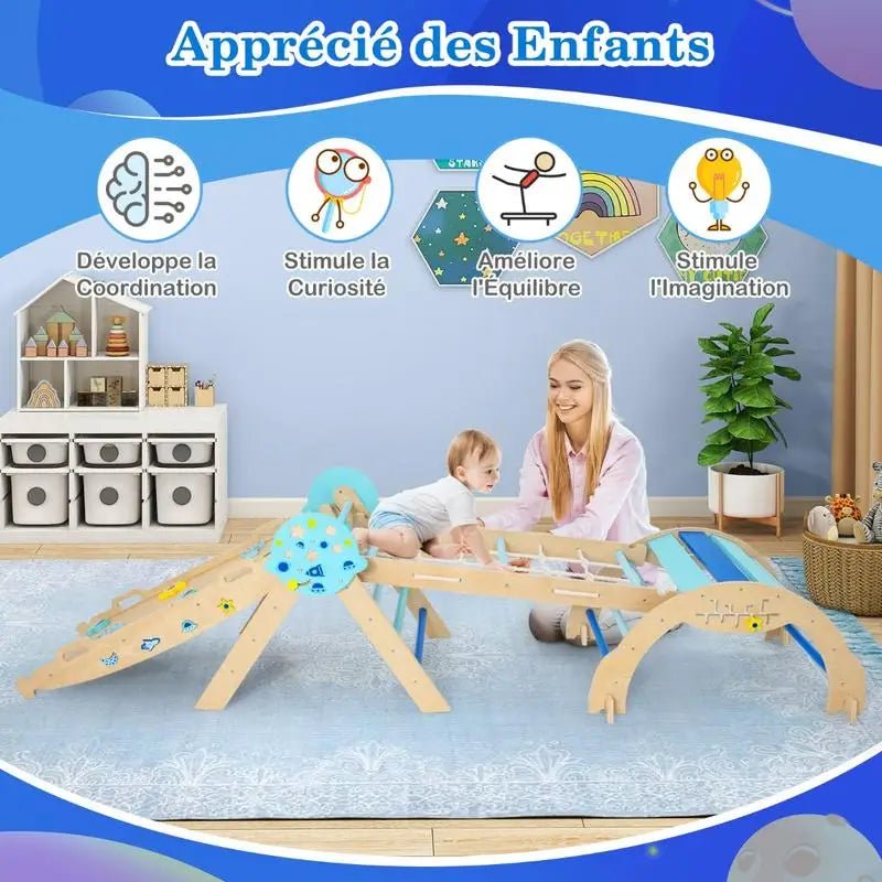 8-in-1 Folding Baby Climbing Frame, Wooden Montessori Astronaut-Themed Climbing Kit, Jungle Gym, Blue - jouetsbebe.com