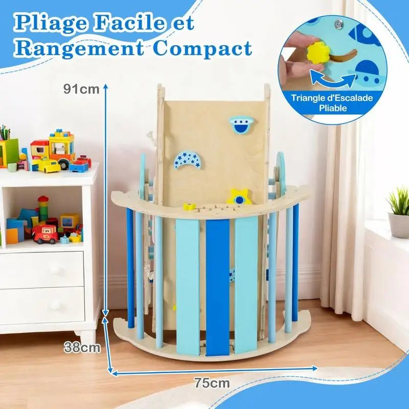 8-in-1 Folding Baby Climbing Frame, Wooden Montessori Astronaut-Themed Climbing Kit, Jungle Gym, Blue - jouetsbebe.com