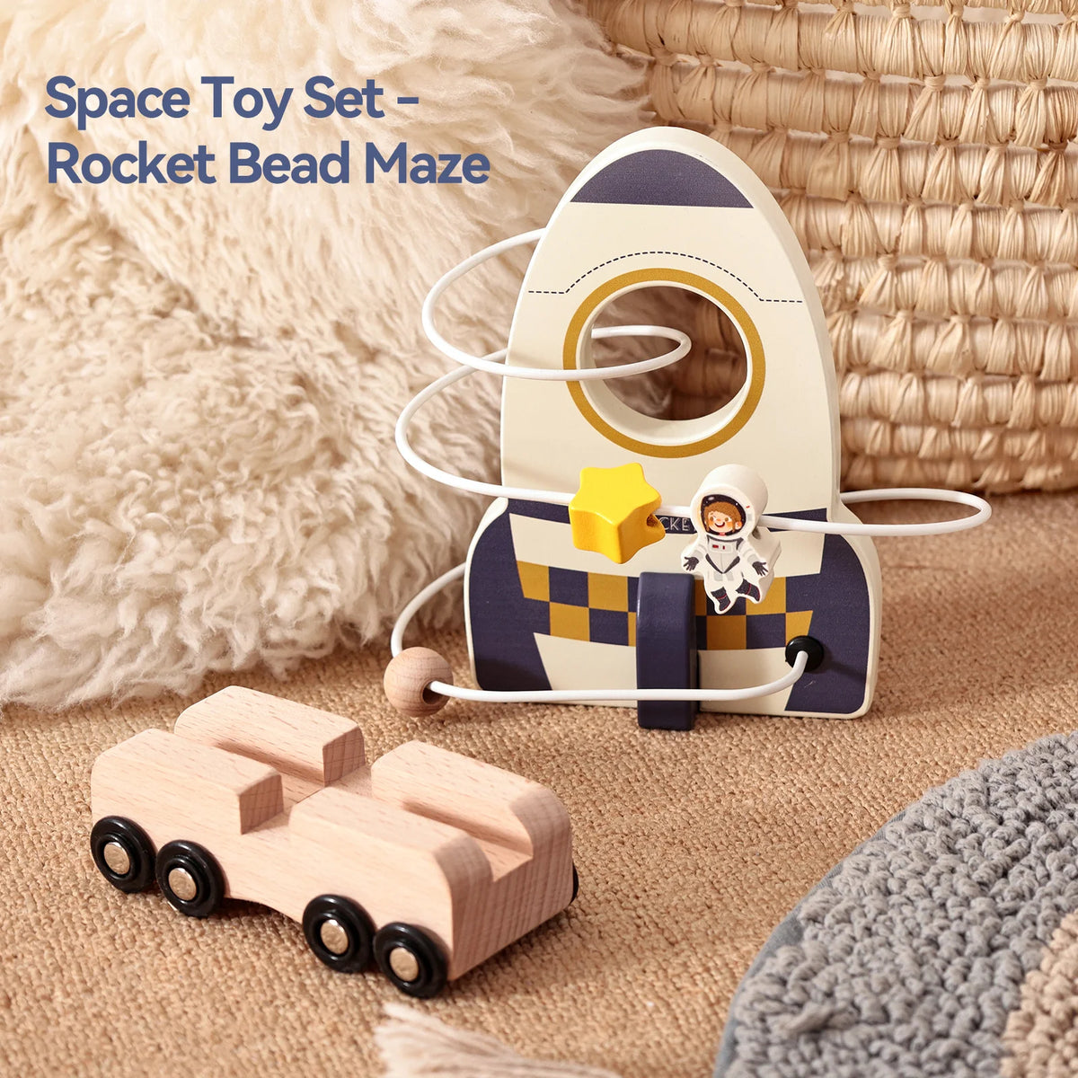 Jouet Montessori en Bois – Jeu Éducatif Espace avec Fusée et Astronaute