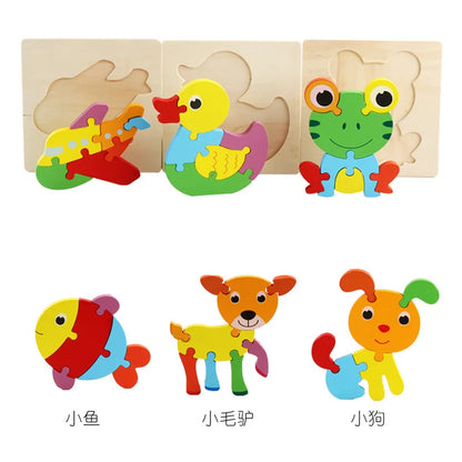 Children Boys And Girls Cartoon Three-Dimensional Wooden Puzzle Animal Traffic Geometry Shape Matching Puzzle Toy P80