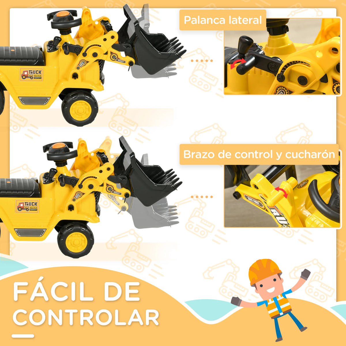 Homcom Pedal Tractor for Children from 18 to 48 Months, Excavator for Children with Front Shovel, Horn, Steering Wheel and Hidden Compartment under the Seat, Load 30 Kg, 80X26.5X39 Cm, Yellow