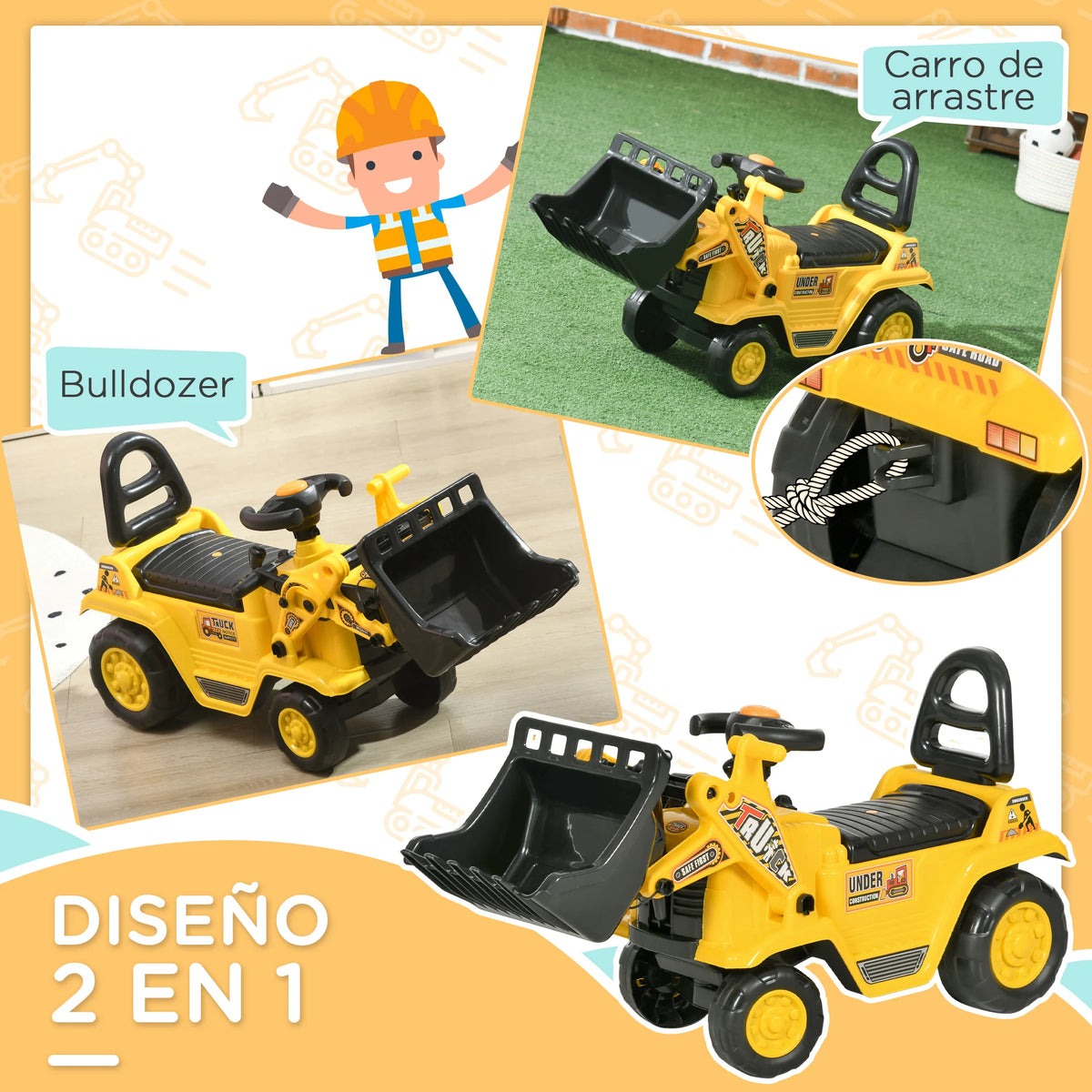 Homcom Pedal Tractor for Children from 18 to 48 Months, Excavator for Children with Front Shovel, Horn, Steering Wheel and Hidden Compartment under the Seat, Load 30 Kg, 80X26.5X39 Cm, Yellow
