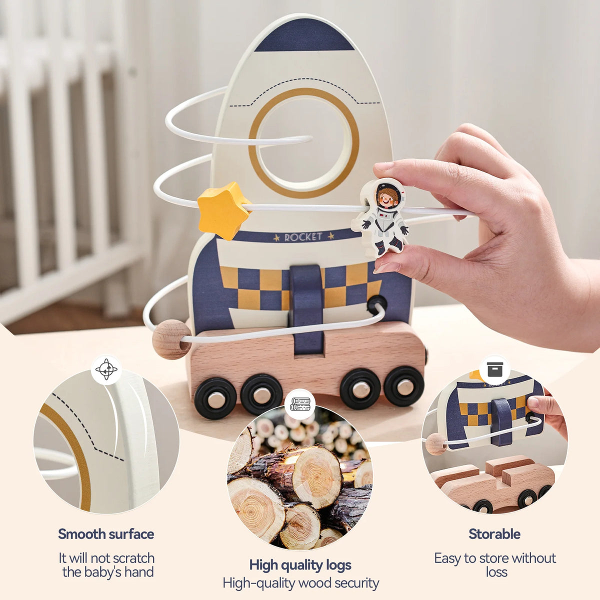 Jouet Montessori en Bois – Jeu Éducatif Espace avec Fusée et Astronaute