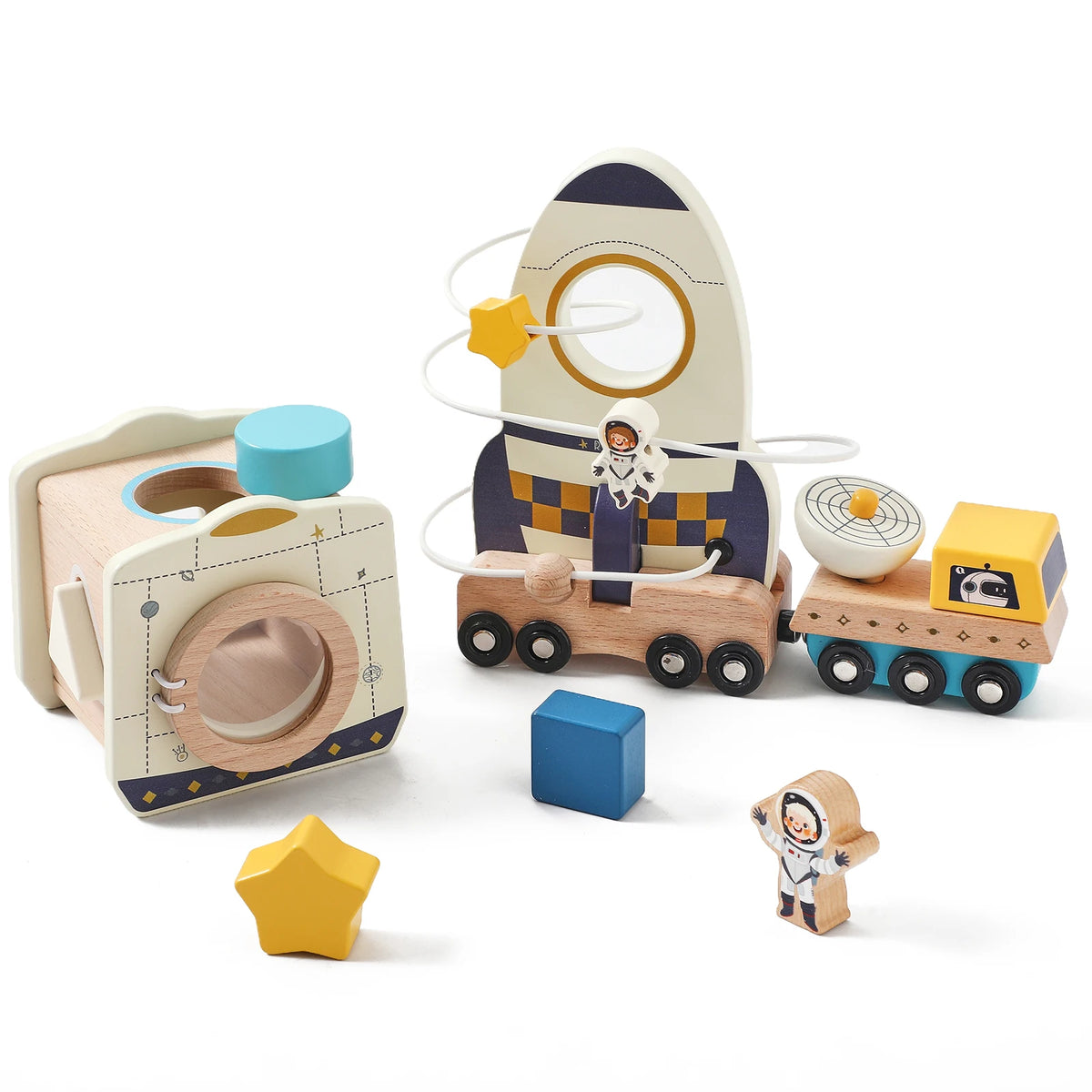 Jouet Montessori en Bois – Jeu Éducatif Espace avec Fusée et Astronaute
