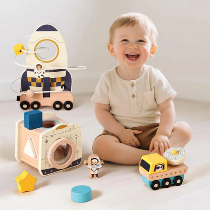 Jouet Montessori en Bois – Jeu Éducatif Espace avec Fusée et Astronaute