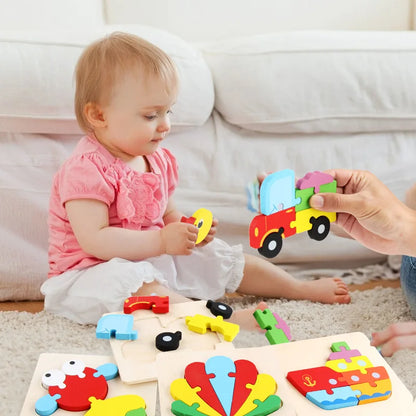 Children Boys And Girls Cartoon Three-Dimensional Wooden Puzzle Animal Traffic Geometry Shape Matching Puzzle Toy P80