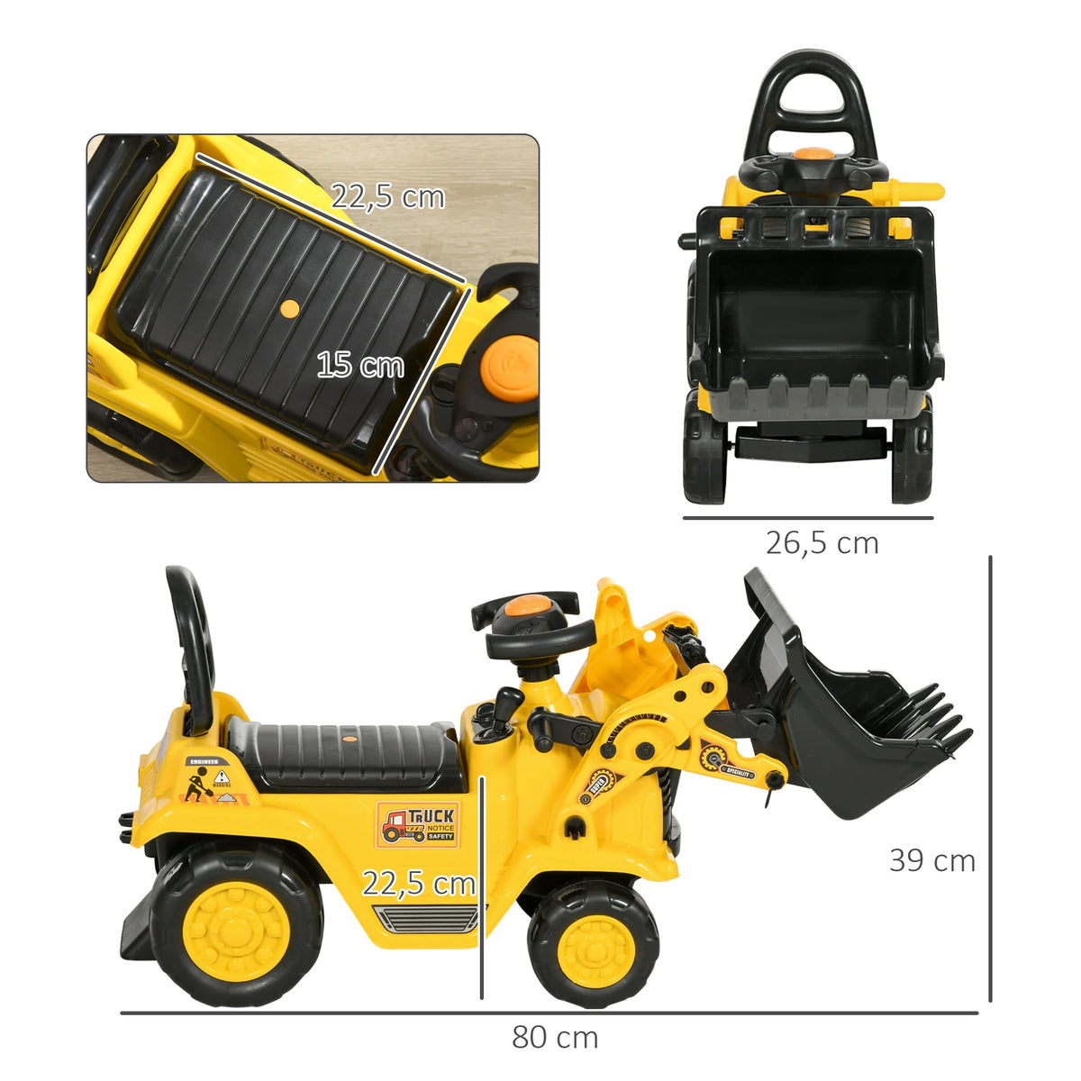 Homcom Pedal Tractor for Children from 18 to 48 Months, Excavator for Children with Front Shovel, Horn, Steering Wheel and Hidden Compartment under the Seat, Load 30 Kg, 80X26.5X39 Cm, Yellow