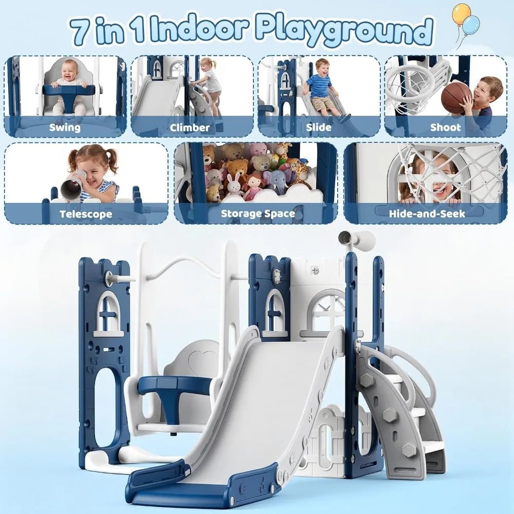 Aire de Jeux Enfant 7 en 1 – Toboggan, Balançoire, Escalade et Basket - jouetsbebe.com