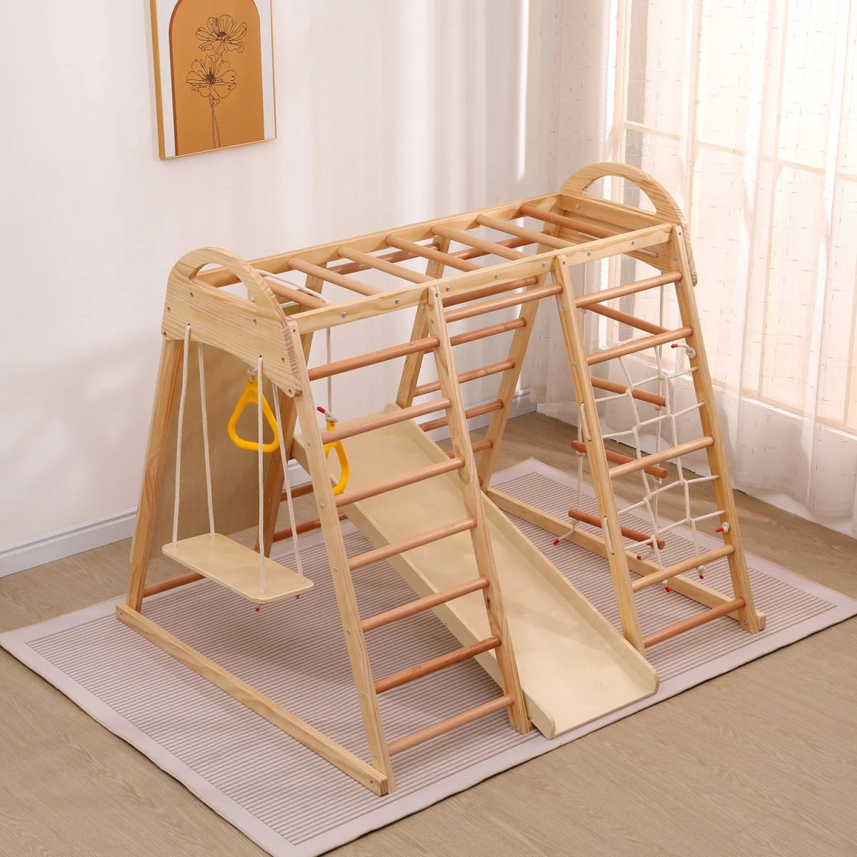 🧗♀️ Aire de Jeux Intérieure 7 - en - 1 Montessori en Bois – Escalade, Balançoire & Toboggan 🌈 - jouetsbebe.com