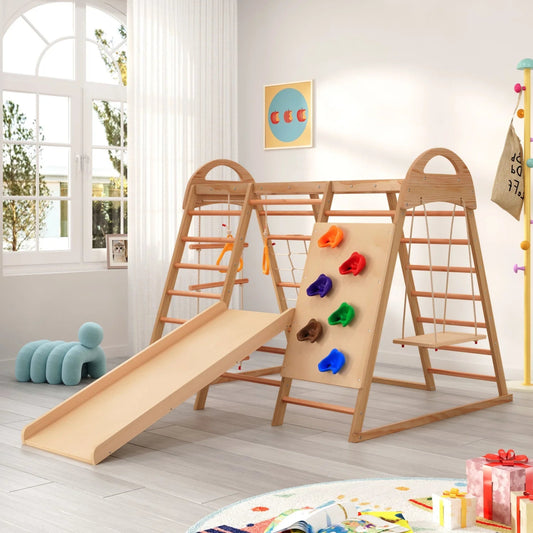 🧗♀️ Aire de Jeux Intérieure 7 - en - 1 Montessori en Bois – Escalade, Balançoire & Toboggan 🌈 - jouetsbebe.com