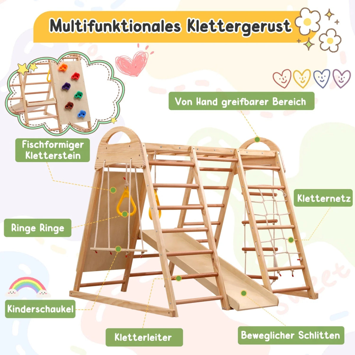 🧗♀️ Aire de Jeux Intérieure 7 - en - 1 Montessori en Bois – Escalade, Balançoire & Toboggan 🌈 - jouetsbebe.com
