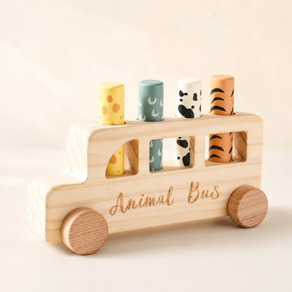 Bus en Bois Animaux 2-en-1 – Jouet Montessori d'Éveil et Motricité Fine - jouetsbebe.com