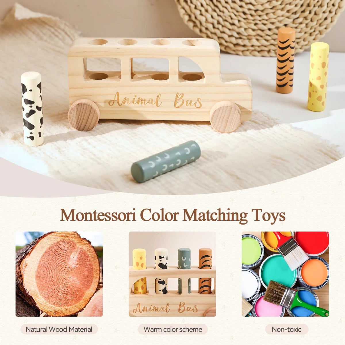 Bus en Bois Animaux 2-en-1 – Jouet Montessori d'Éveil et Motricité Fine - jouetsbebe.com