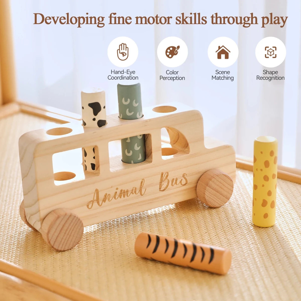 Bus en Bois Animaux 2-en-1 – Jouet Montessori d'Éveil et Motricité Fine - jouetsbebe.com
