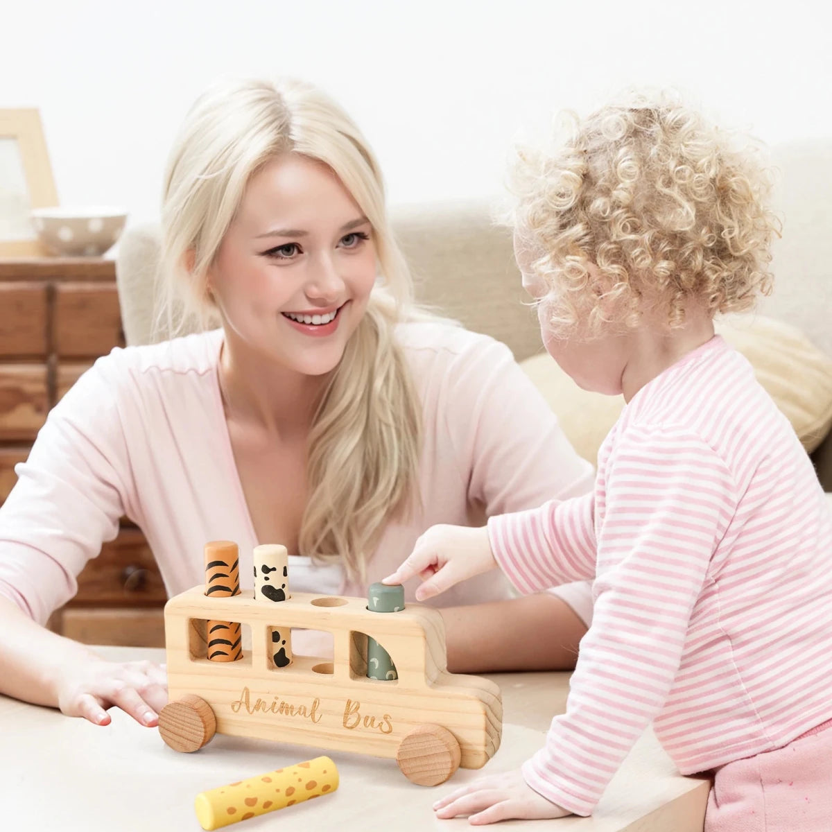 Bus en Bois Animaux 2-en-1 – Jouet Montessori d'Éveil et Motricité Fine - jouetsbebe.com