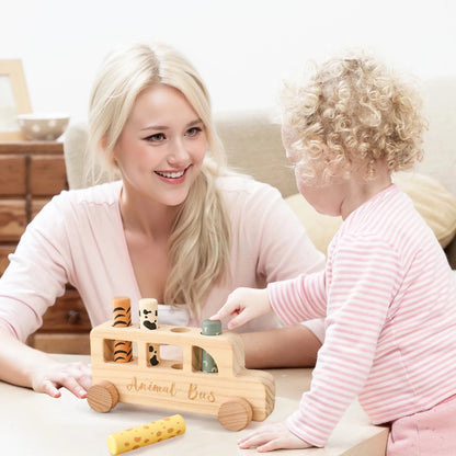 Bus en Bois Animaux 2-en-1 – Jouet Montessori d'Éveil et Motricité Fine - jouetsbebe.com