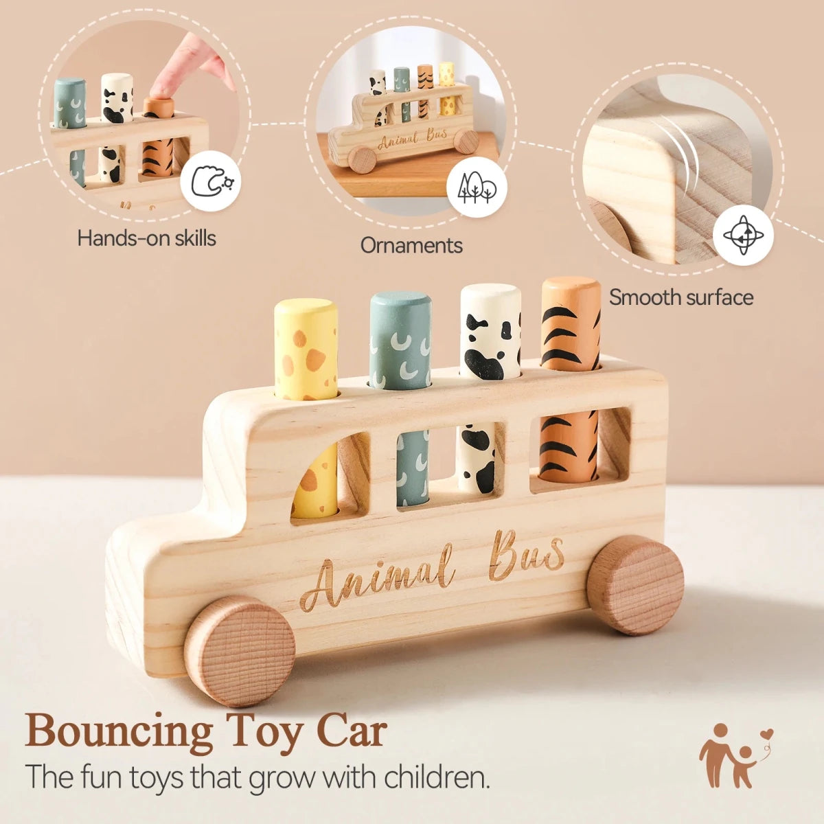 Bus en Bois Animaux 2-en-1 – Jouet Montessori d'Éveil et Motricité Fine - jouetsbebe.com