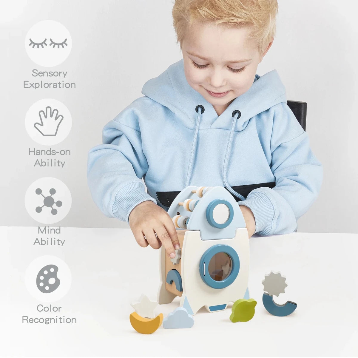 Cube d’Activités Montessori en Bois 5 en 1 – Fusée et Espace - jouetsbebe.com