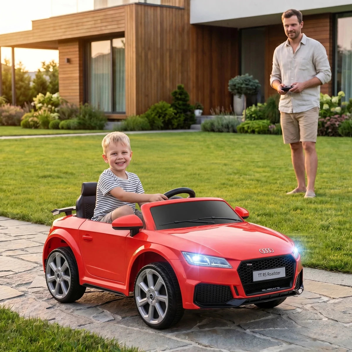 Electric Car for children, powered by two 12V motors, remote control, sound effects, MP3/USB interface, speaker and Lighthouse, up to 3 km/h, red - jouetsbebe.com