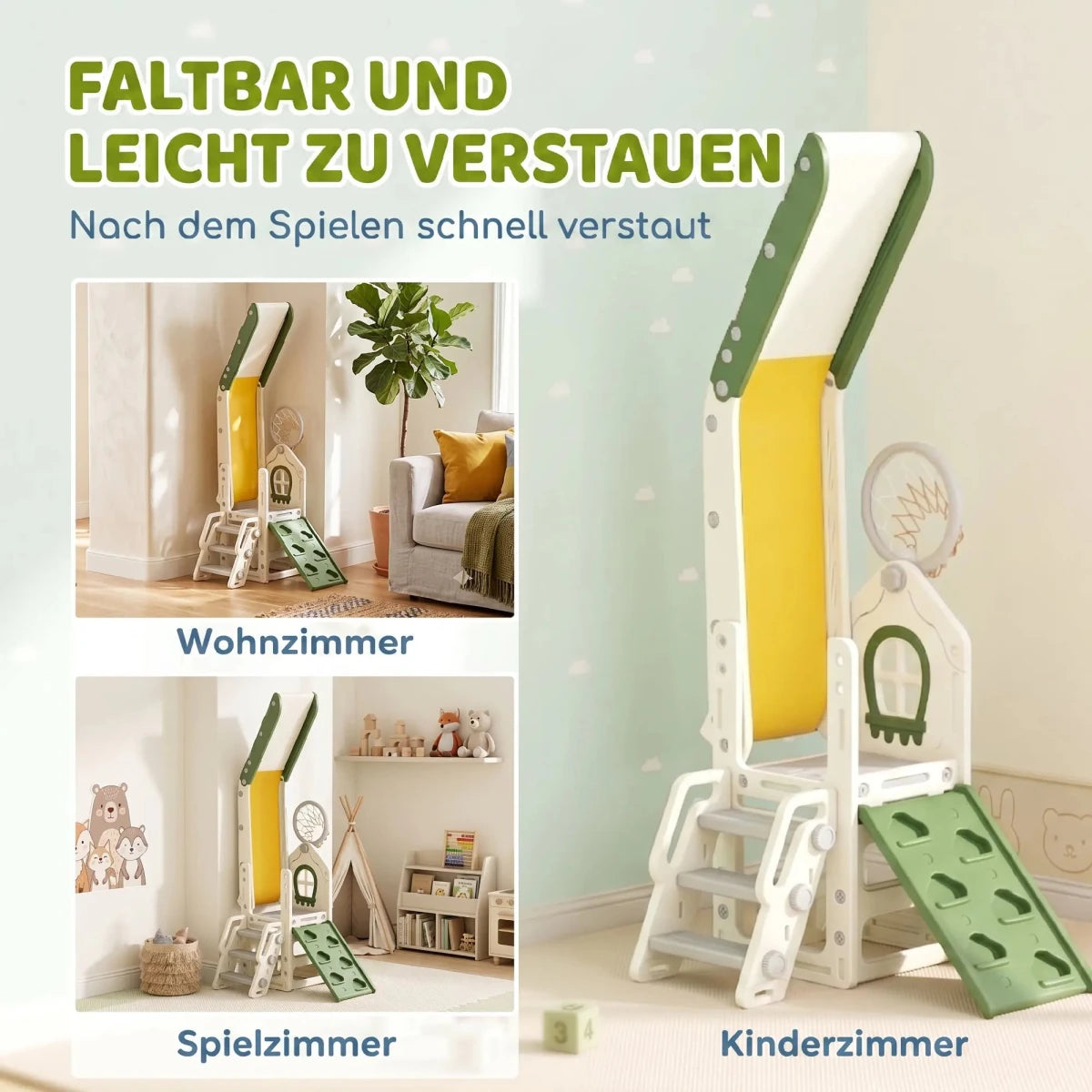 Foldable 4-in-1 Toddler Slide with Climbing Elements, Basketball Stand, Storage Space and Basketball for Kids 1-3 Years Old, Cream White, Kids Toy Slide, Kids Slide, Outdoor Toy Slide - jouetsbebe.com