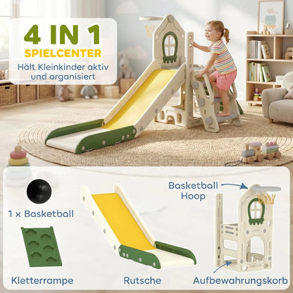 Foldable 4-in-1 Toddler Slide with Climbing Elements, Basketball Stand, Storage Space and Basketball for Kids 1-3 Years Old, Cream White, Kids Toy Slide, Kids Slide, Outdoor Toy Slide - jouetsbebe.com