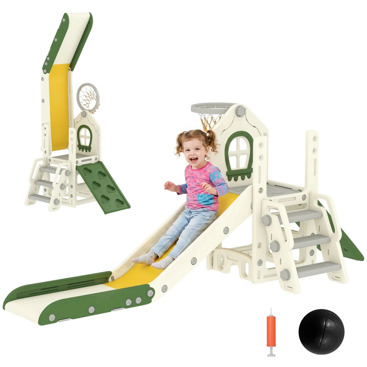Foldable 4-in-1 Toddler Slide with Climbing Elements, Basketball Stand, Storage Space and Basketball for Kids 1-3 Years Old, Cream White, Kids Toy Slide, Kids Slide, Outdoor Toy Slide - jouetsbebe.com