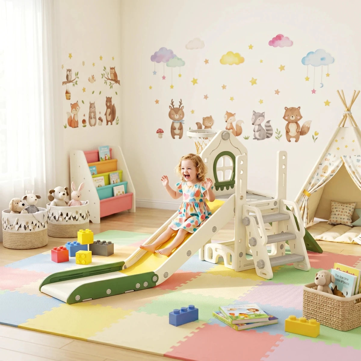 Foldable 4-in-1 Toddler Slide with Climbing Elements, Basketball Stand, Storage Space and Basketball for Kids 1-3 Years Old, Cream White, Kids Toy Slide, Kids Slide, Outdoor Toy Slide - jouetsbebe.com