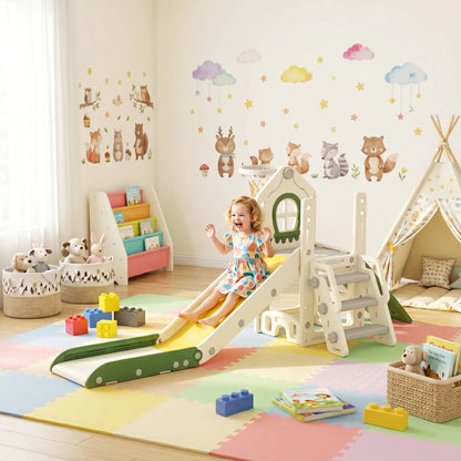 Foldable 4-in-1 Toddler Slide with Climbing Elements, Basketball Stand, Storage Space and Basketball for Kids 1-3 Years Old, Cream White, Kids Toy Slide, Kids Slide, Outdoor Toy Slide - jouetsbebe.com