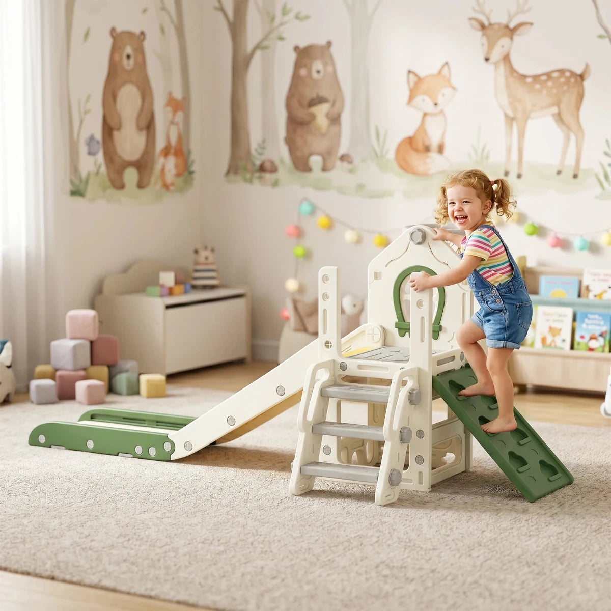 Foldable 4-in-1 Toddler Slide with Climbing Elements, Basketball Stand, Storage Space and Basketball for Kids 1-3 Years Old, Cream White, Kids Toy Slide, Kids Slide, Outdoor Toy Slide - jouetsbebe.com