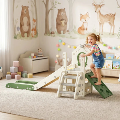 Foldable 4-in-1 Toddler Slide with Climbing Elements, Basketball Stand, Storage Space and Basketball for Kids 1-3 Years Old, Cream White, Kids Toy Slide, Kids Slide, Outdoor Toy Slide - jouetsbebe.com