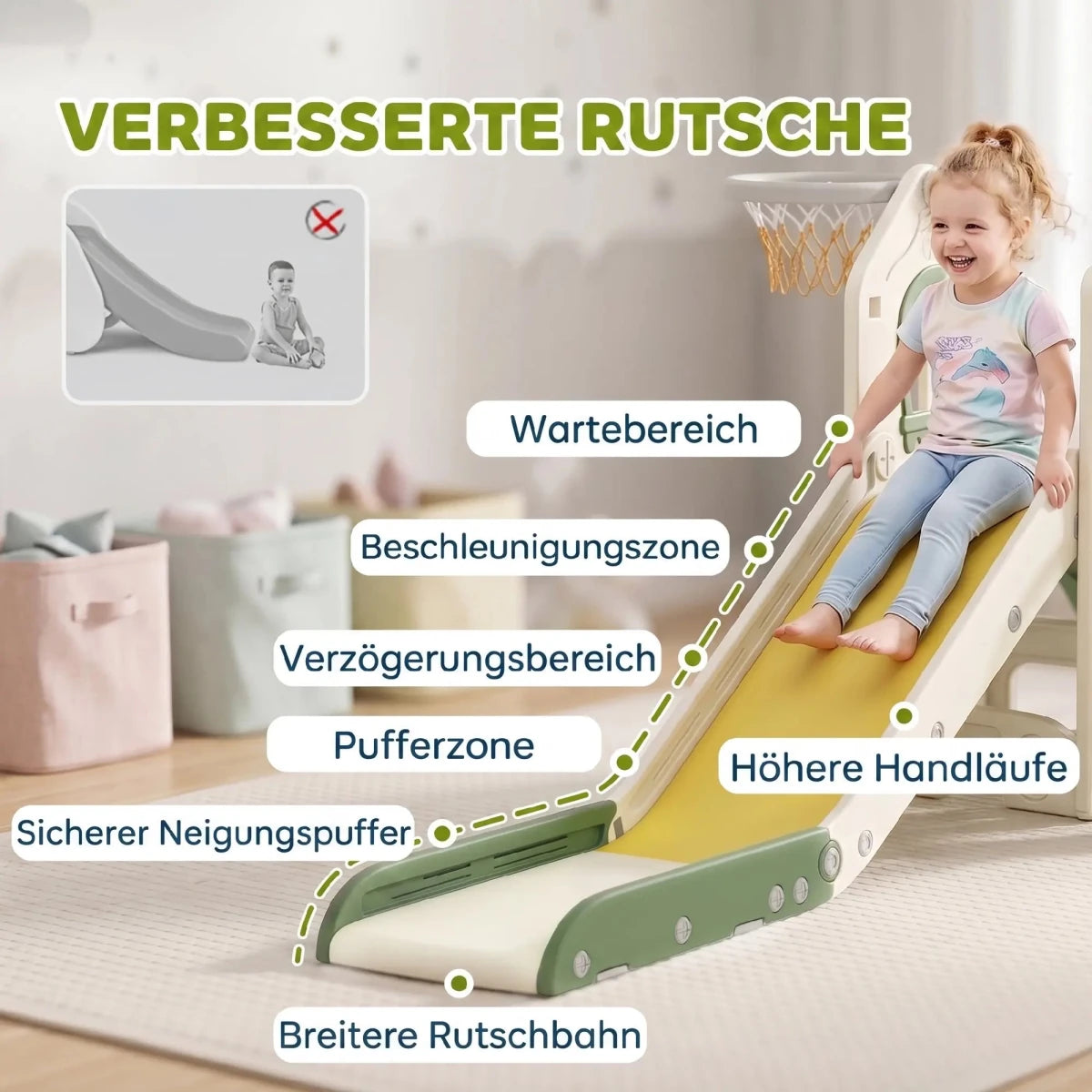 Foldable 4-in-1 Toddler Slide with Climbing Elements, Basketball Stand, Storage Space and Basketball for Kids 1-3 Years Old, Cream White, Kids Toy Slide, Kids Slide, Outdoor Toy Slide - jouetsbebe.com