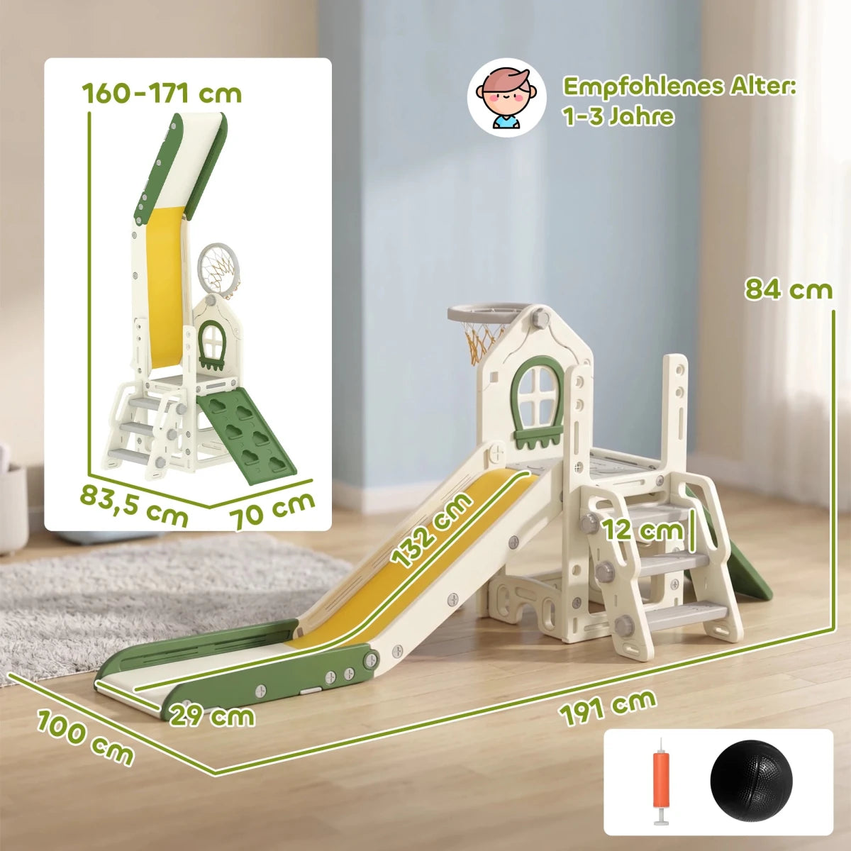 Foldable 4-in-1 Toddler Slide with Climbing Elements, Basketball Stand, Storage Space and Basketball for Kids 1-3 Years Old, Cream White, Kids Toy Slide, Kids Slide, Outdoor Toy Slide - jouetsbebe.com