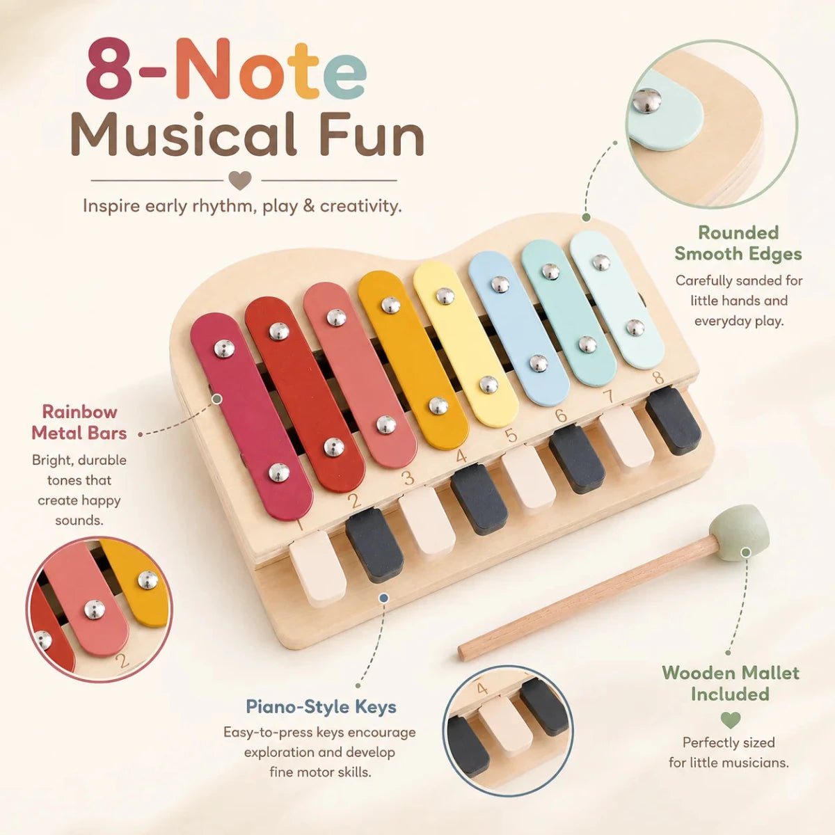 Instrument Musical Montessori 2 en 1 – Xylophone 8 Notes & Piano en Bois - jouetsbebe.com