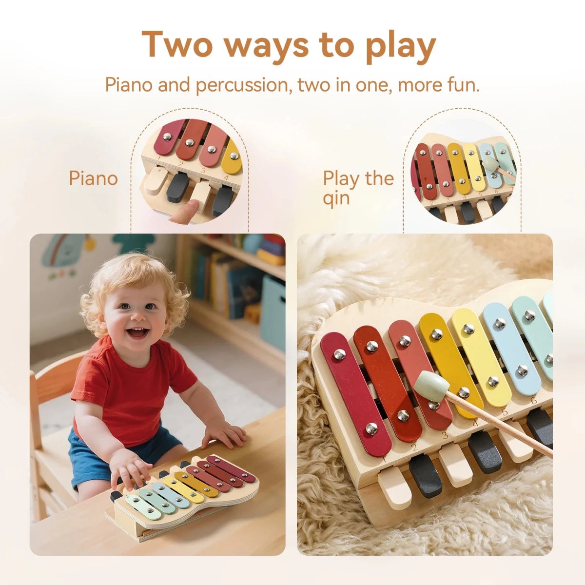 Instrument Musical Montessori 2 en 1 – Xylophone 8 Notes & Piano en Bois - jouetsbebe.com