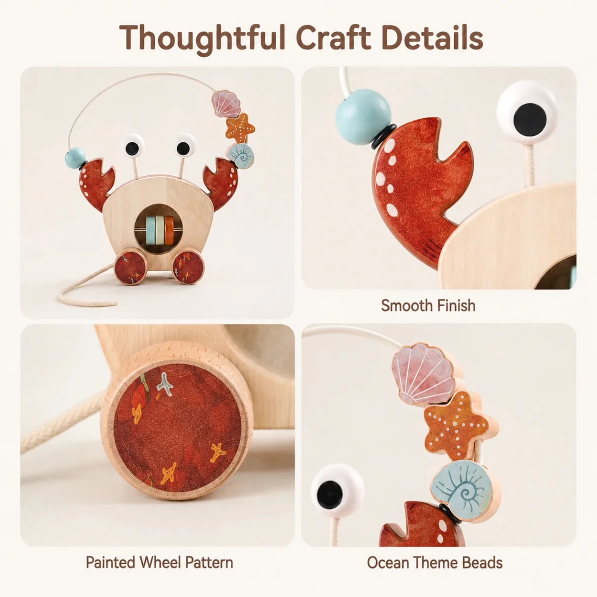 Jouet à Tirer en Bois Montessori – Crabe d’Éveil avec Labyrinthe de Perles - jouetsbebe.com