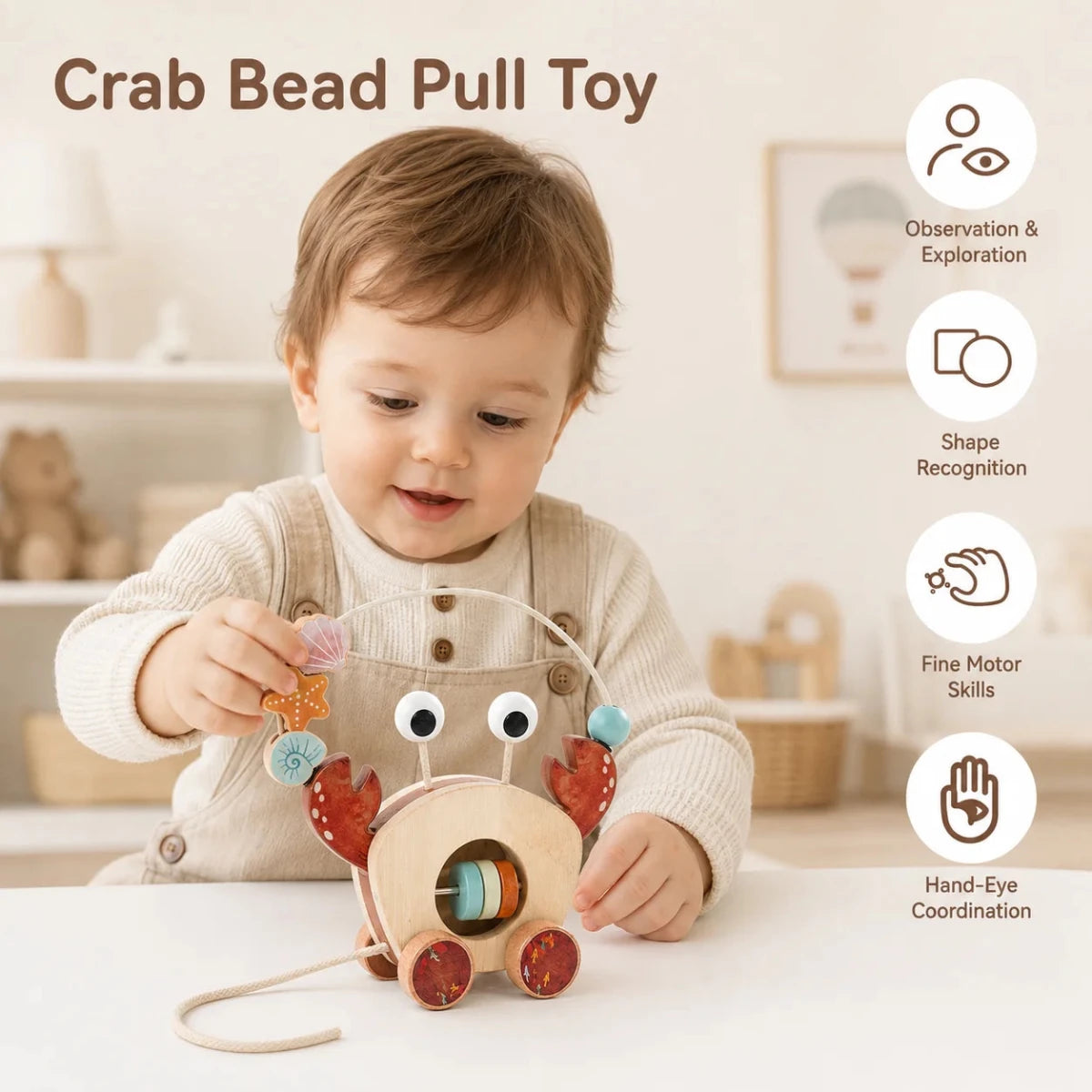 Jouet à Tirer en Bois Montessori – Crabe d’Éveil avec Labyrinthe de Perles - jouetsbebe.com