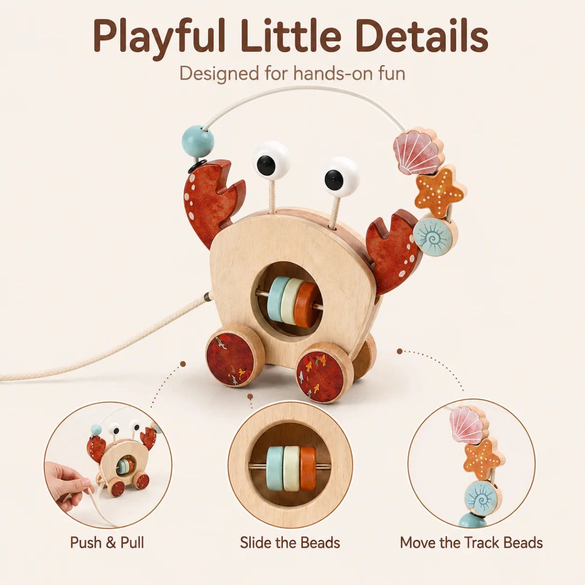 Jouet à Tirer en Bois Montessori – Crabe d’Éveil avec Labyrinthe de Perles - jouetsbebe.com