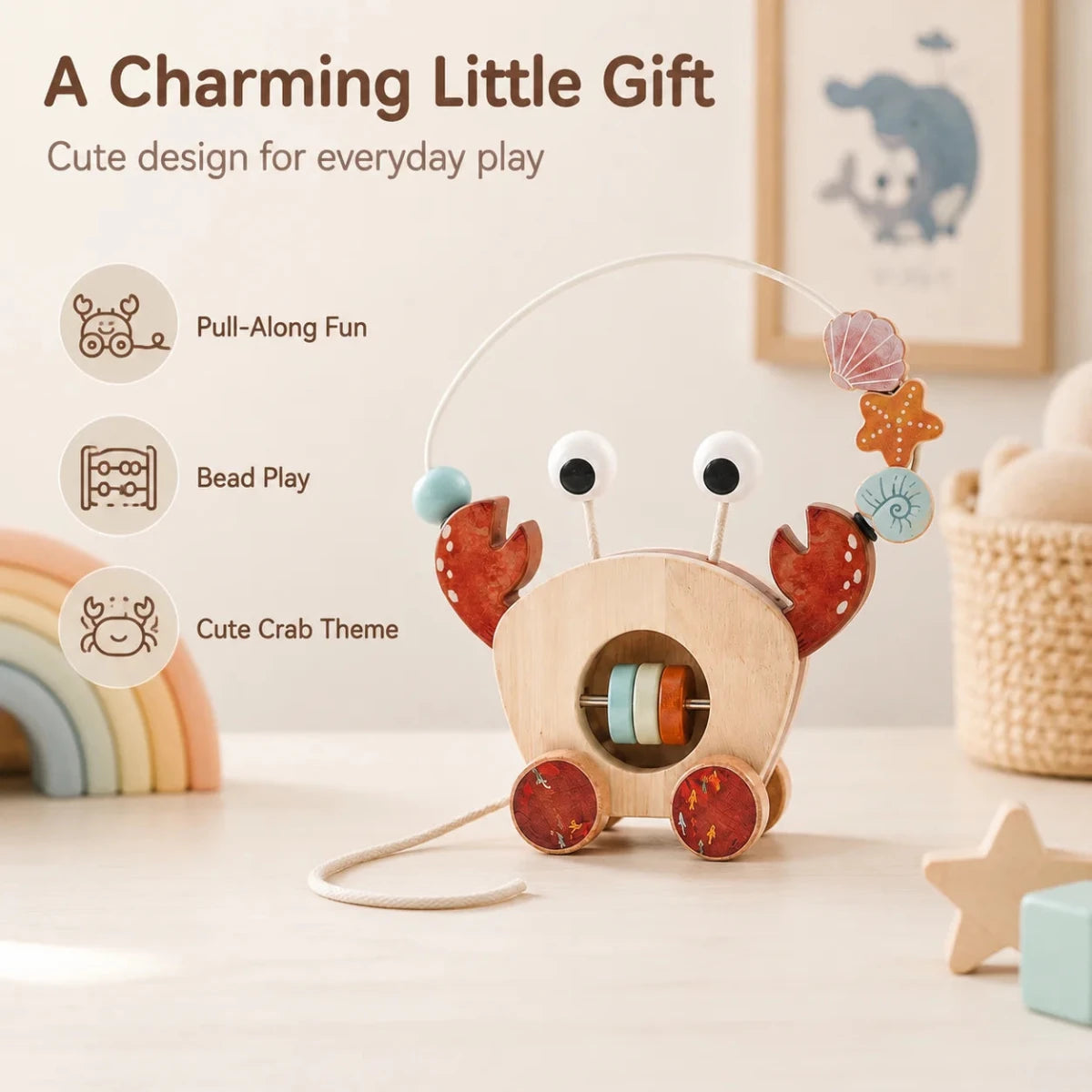 Jouet à Tirer en Bois Montessori – Crabe d’Éveil avec Labyrinthe de Perles - jouetsbebe.com