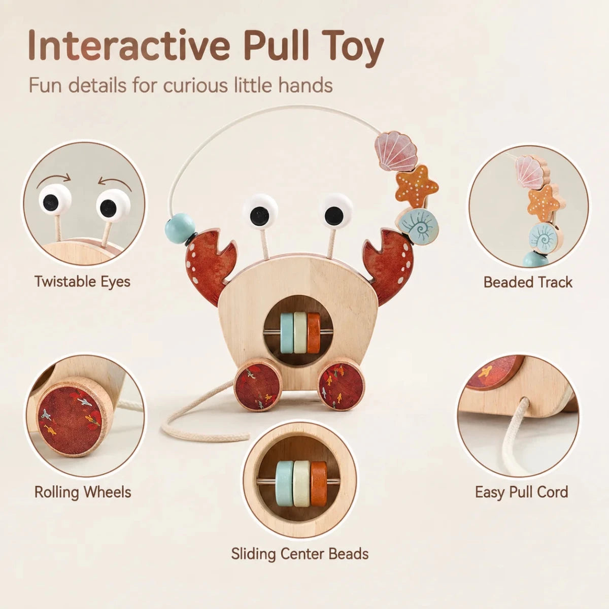 Jouet à Tirer en Bois Montessori – Crabe d’Éveil avec Labyrinthe de Perles - jouetsbebe.com