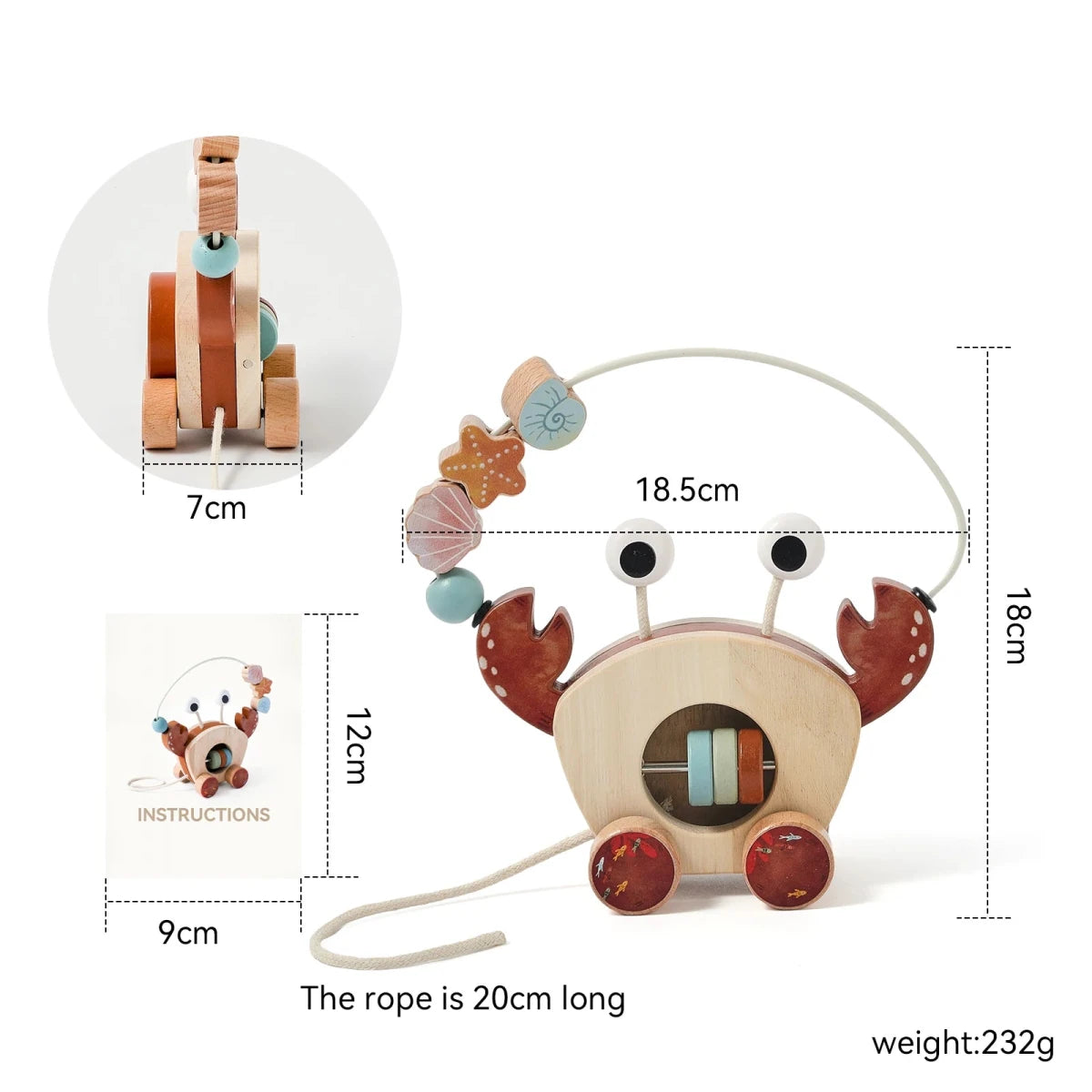 Jouet à Tirer en Bois Montessori – Crabe d’Éveil avec Labyrinthe de Perles - jouetsbebe.com