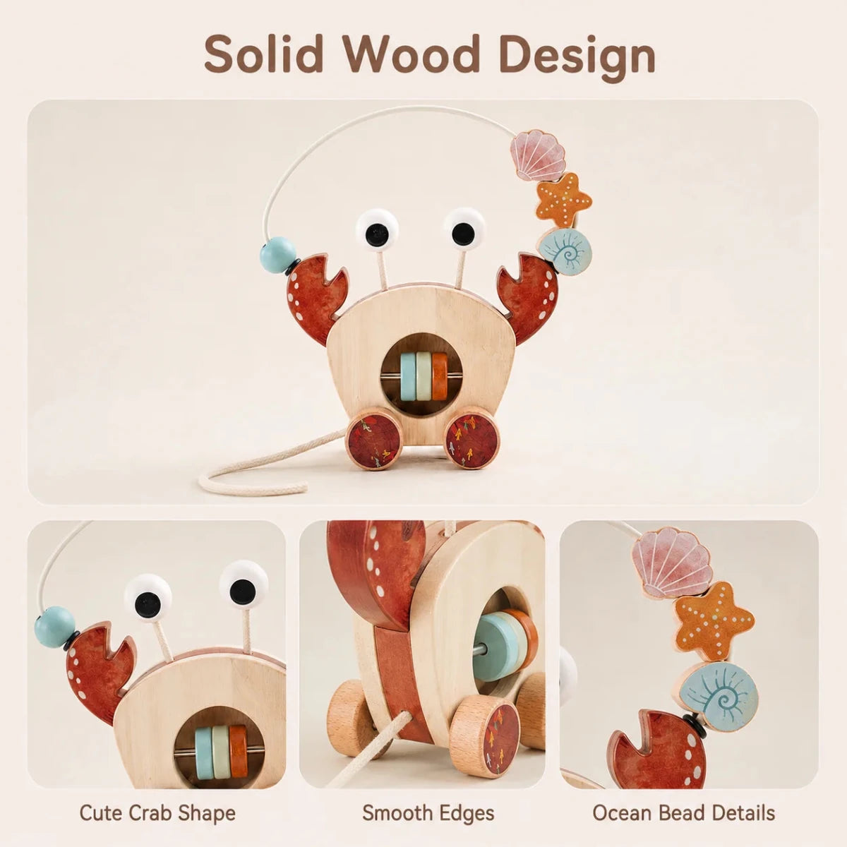 Jouet à Tirer en Bois Montessori – Crabe d’Éveil avec Labyrinthe de Perles - jouetsbebe.com
