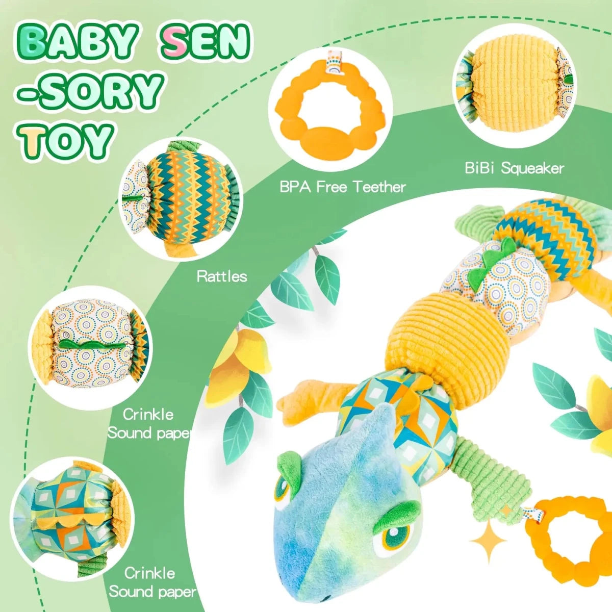 Jouet Sensoriel Bébé Caméléon Musical – Hochet & Jouet Dentition dès la Naissance - jouetsbebe.com