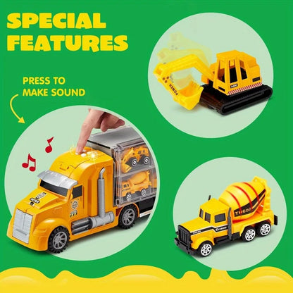 JOYFY 25 in 1 Die-cast Construction Play Vehicle Set Vehicles with Sounds and Lights in Carrier Truck for Kids Birthday Gifts - jouetsbebe.com