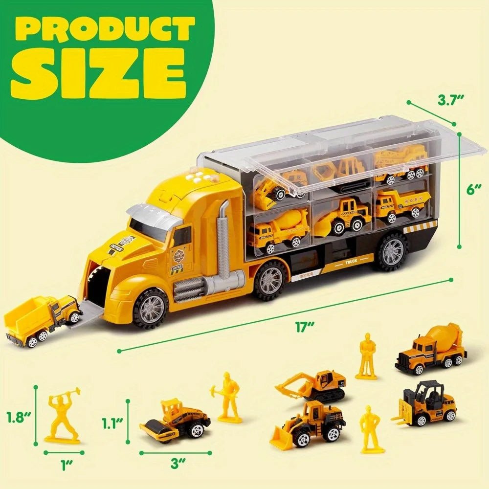 JOYFY 25 in 1 Die-cast Construction Play Vehicle Set Vehicles with Sounds and Lights in Carrier Truck for Kids Birthday Gifts - jouetsbebe.com
