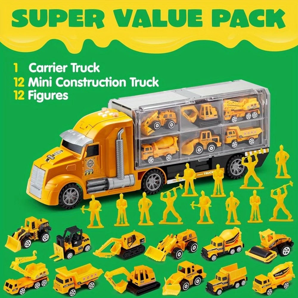 JOYFY 25 in 1 Die-cast Construction Play Vehicle Set Vehicles with Sounds and Lights in Carrier Truck for Kids Birthday Gifts - jouetsbebe.com